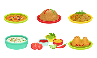Delicious Food Dishes Set, National Cuisine, Cafe, Restaurant Menu Design Element Vector Illustration
