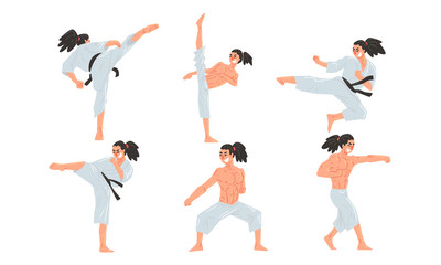 Fototapeta na wymiar Male Karate Fighter in White Kimono Practicing Martial Art Set, Athlete Doing Karate Vector Illustration