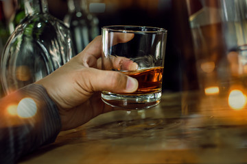 Bartender Serve Whiskey, on wood bar