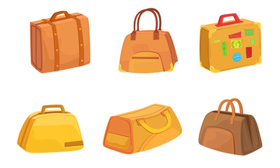 Collection of Suitcases Set, Leather Bags for Travel Vector Illustration