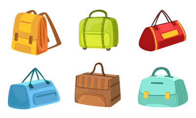 Collection of Suitcases Set, Leather and Textile Bags, Travel Luggage Vector Illustration