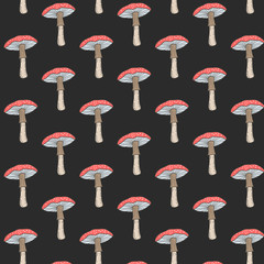 Red mushrooms Amanita on a black background. Vector freehand drawing