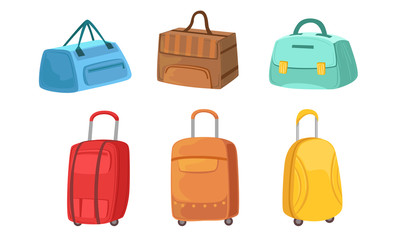 Collection of Suitcases Set, Leather, Textile and Plastic Bags, Travel Luggage Vector Illustration