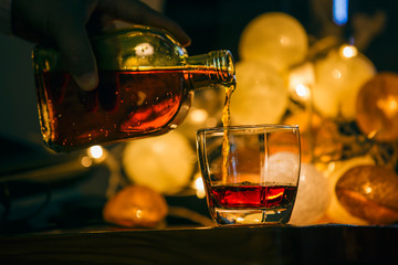 Bartender Serve Whiskey, on wood bar, 