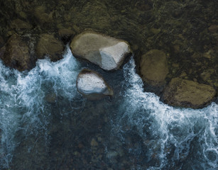 A birds-eye view of a mountain stream riffle line late afternoon