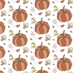 Autumn pattern with pumpkins, champignon mushrooms, leaves, berries. Vector forest ornament
