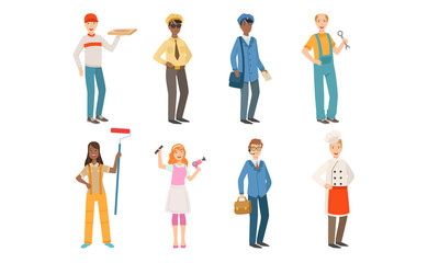 People of Different Professions Set, Courier, Taxi Driver, Postman, Locksmith, Painter, Hairdresser, Businessman, Cook Vector Illustration