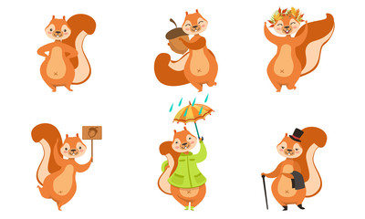 Fototapeta premium Cute Squirrels Set, Funny Animals Cartoon Character Different Activities Vector Illustration