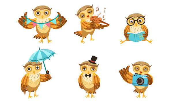 Cute Owl Cartoon Character Set, Adorable Funny Owlet Bird Different Activities Vector Illustration