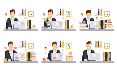 Fototapeta na wymiar Male Business Character in Workplace Set, Office Employee Working Day Vector Illustration