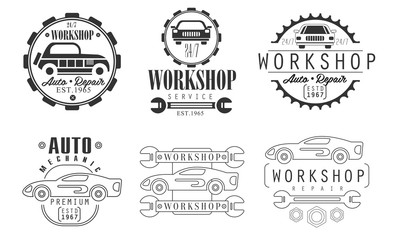 Obraz premium Workshop Repair Service Premium Retro Labels Set, Auto Mechanic Station Monochrome Badges Vector Illustration