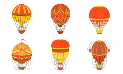 Vintage Hot Air Balloons Set, Retro Air Transport Vector Illustration