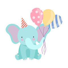 Cartoon elephant with balloons. Vector illustration on a white background.