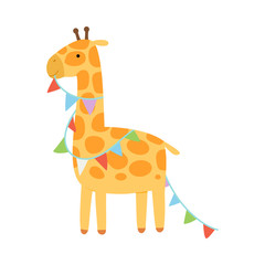Giraffe with a garland of flags. Vector illustration on a white background.