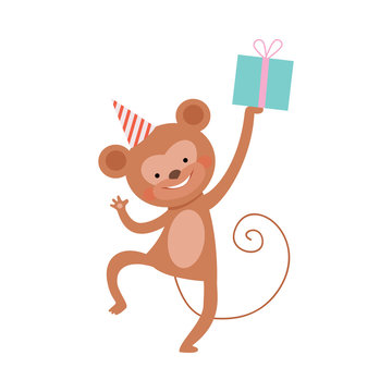 Monkey with a gift. Vector illustration on a white background.