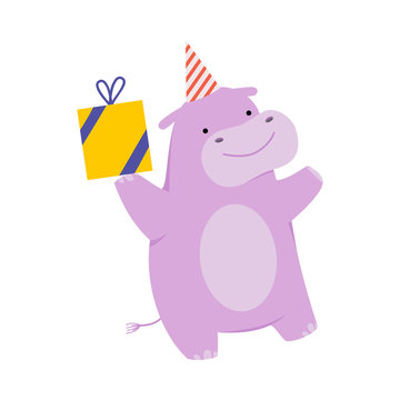 Cartoon hippo with a gift. Vector illustration on a white background.