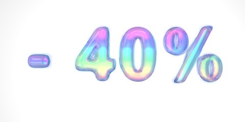 3D text of the letter -40 sale in the style of soap bubbles with a rainbow tint on