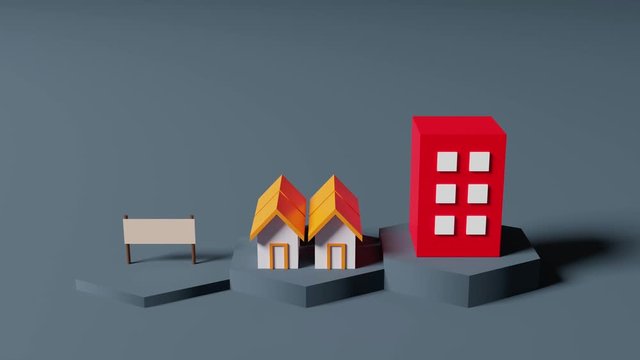 ultra high definition resolution three dimensional computer generated animation of real estate investment idea, land houses and hotel model on blue hexagon background, thirty frame per second