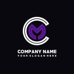 initial letter CM logo, round logo white, purple lowercase letters