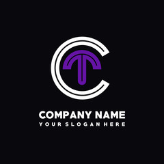 initial letter CT logo, round logo white, purple lowercase letters