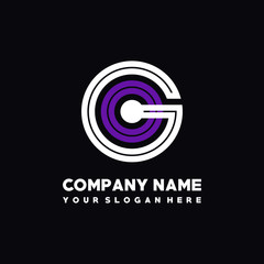 initial letter GO logo, round logo white, purple lowercase letters