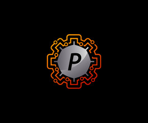 Naklejka premium Network Connection Technology Letter P Logo Icon.