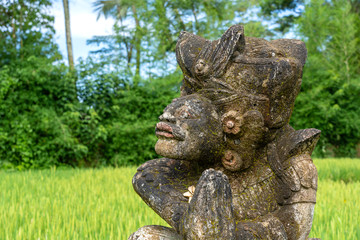 Fototapeta na wymiar Traditional Balinese stone statuette of the deity in the street near green rice terraces. Island Bali, Indonesia . Close up