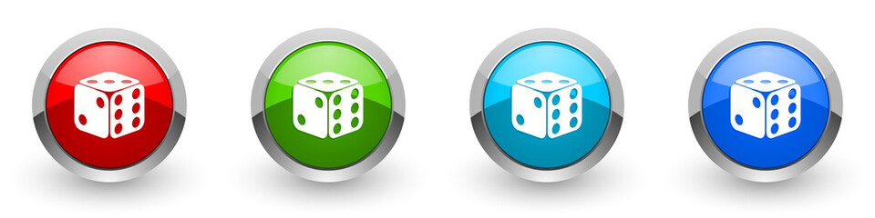 Dice, game, casino silver metallic glossy icons, red, set of modern design buttons for web, internet and mobile applications in four colors options isolated on white background