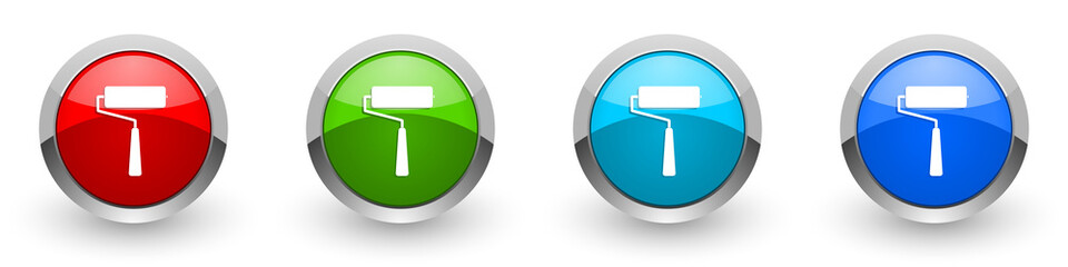 Roll painter, roller silver metallic glossy icons, red, set of modern design buttons for web, internet and mobile applications in four colors options isolated on white background