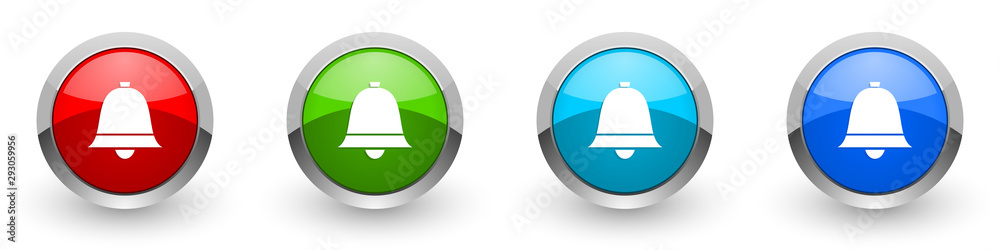 Poster bell, ring, alarm silver metallic glossy icons, red, set of modern design buttons for web, internet 