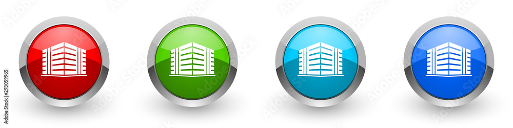 Poster Office building silver metallic glossy icons, red, set of modern design buttons for web, internet and mobile applications in four colors options isolated on white background