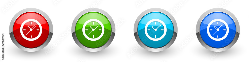 Poster time, clock, watch silver metallic glossy icons, red, set of modern design buttons for web, internet