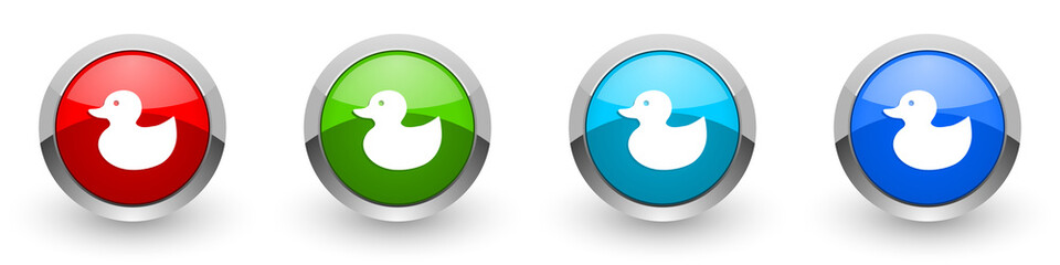 Duck toy, bird silver metallic glossy icons, red, set of modern design buttons for web, internet and mobile applications in four colors options isolated on white background
