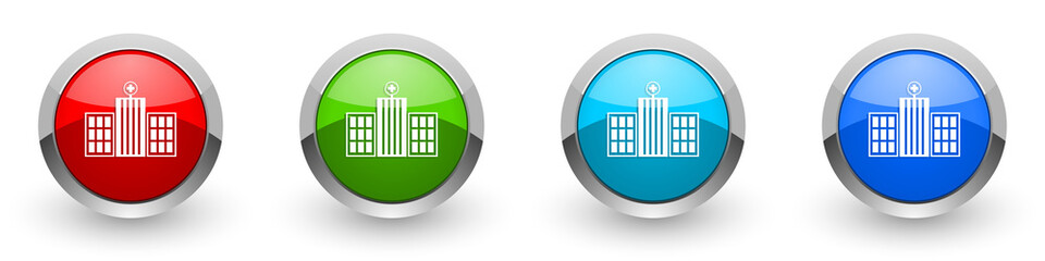 Hospital building silver metallic glossy icons, red, set of modern design buttons for web, internet and mobile applications in four colors options isolated on white background