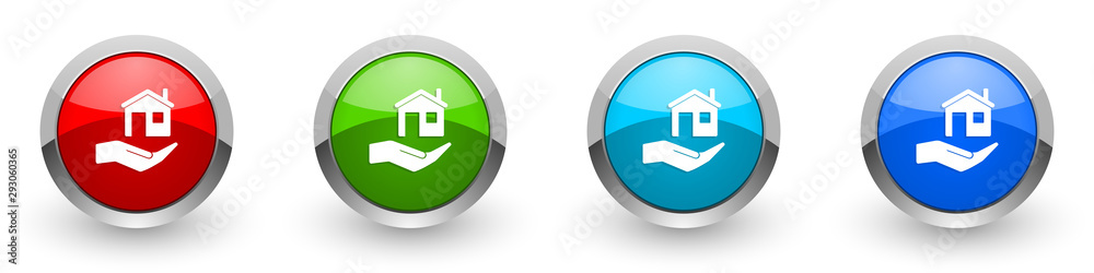 Poster house care silver metallic glossy icons, red, set of modern design buttons for web, internet and mob
