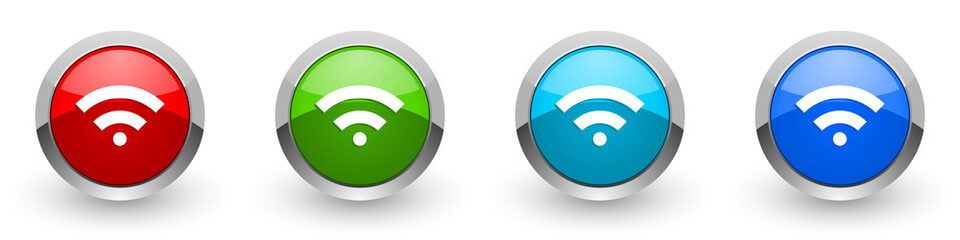 Wireless silver metallic glossy icons, red, set of modern design buttons for web, internet and mobile applications in four colors options isolated on white background