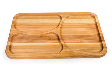 Empty wooden compartment dish with three departments on a white background