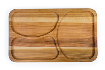 Top view of wooden compartment dish with three departments