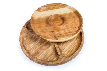 Two different empty wooden serving dishes on a white background