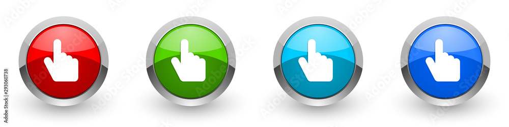 Poster Cursor hand silver metallic glossy icons, red, set of modern design buttons for web, internet and mobile applications in four colors options isolated on white background