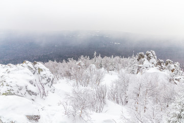 Beautiful view from the top of the Two-headed hill. Taganay national Park, South Ural, Chelyabinsk region, Russia.