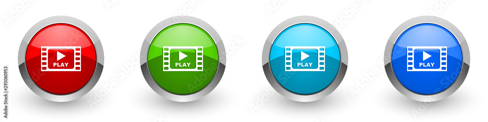 Poster video silver metallic glossy icons, red, set of modern design buttons for web, internet and mobile a