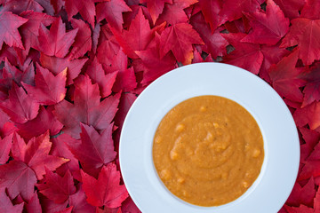Fall harvest bisque soup of pureed squash and other fall vegetables, in a white bowl, on a background of red maple leaves