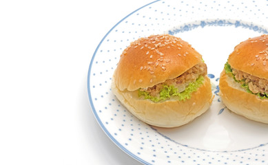 Close up Mini Tuna Burgers on Plate Isolated on White Background with Copy Space