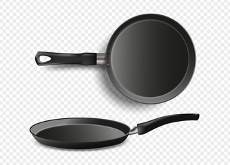 Realistic frying Pan isolated on transparent background. Metallic dishware. Utensil for cooking. Stock realistic vector illustration.
