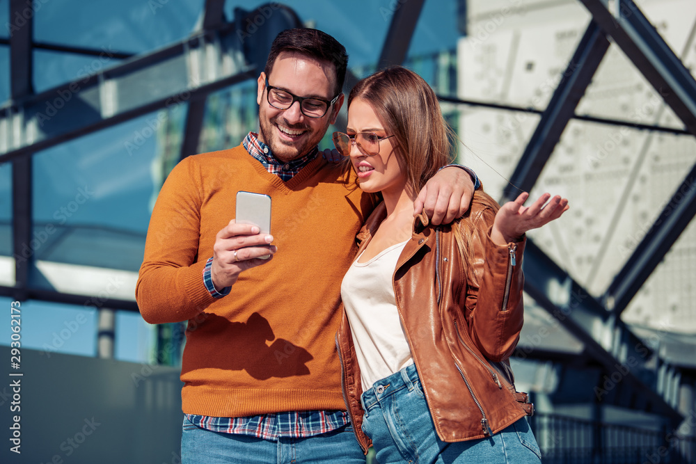 Sticker young cheerful man and woman spending time together