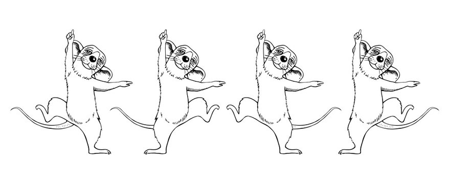 An image of a rat cartoon sketch dancing. Holiday. Set.