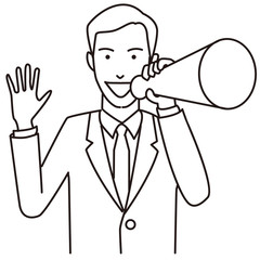 手を広げメガホンを持って叫ぶビジネスマン