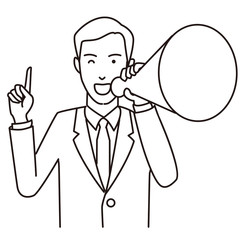 指さしてメガホンを持って叫ぶビジネスマン