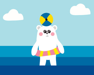 Cute bear character : Summer season concept, a white bear is swimming in the sea with beach ball. 